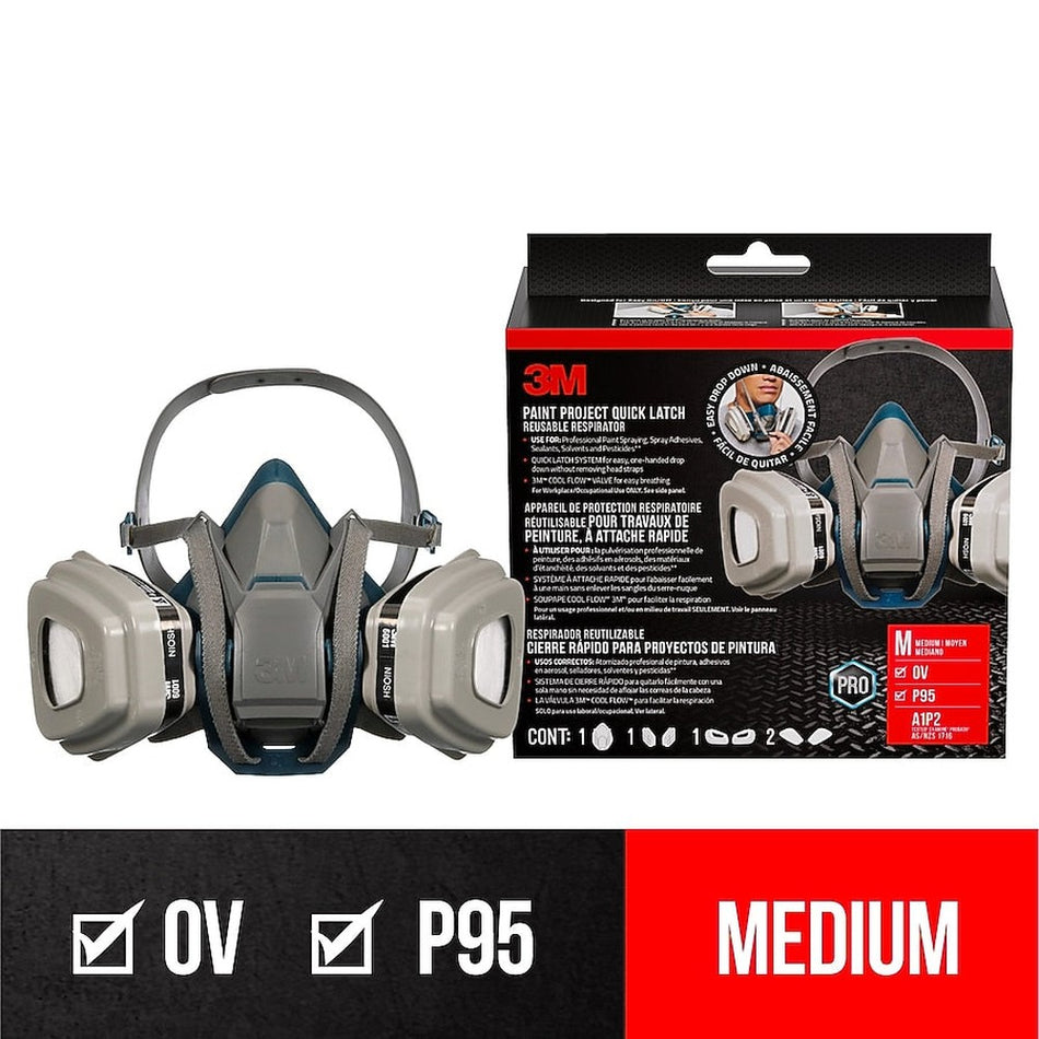 3M Paint Project Quick Latch Reusable Respirator 6502QLP1-DC, OV/P95, Medium