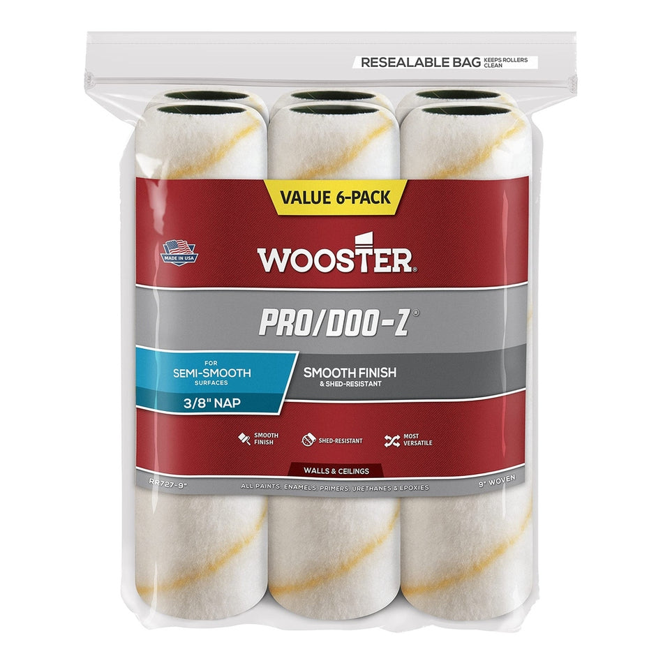 Wooster RR727 9" Pro/Doo-Z 3/8" Nap Roller Cover 6-Pack