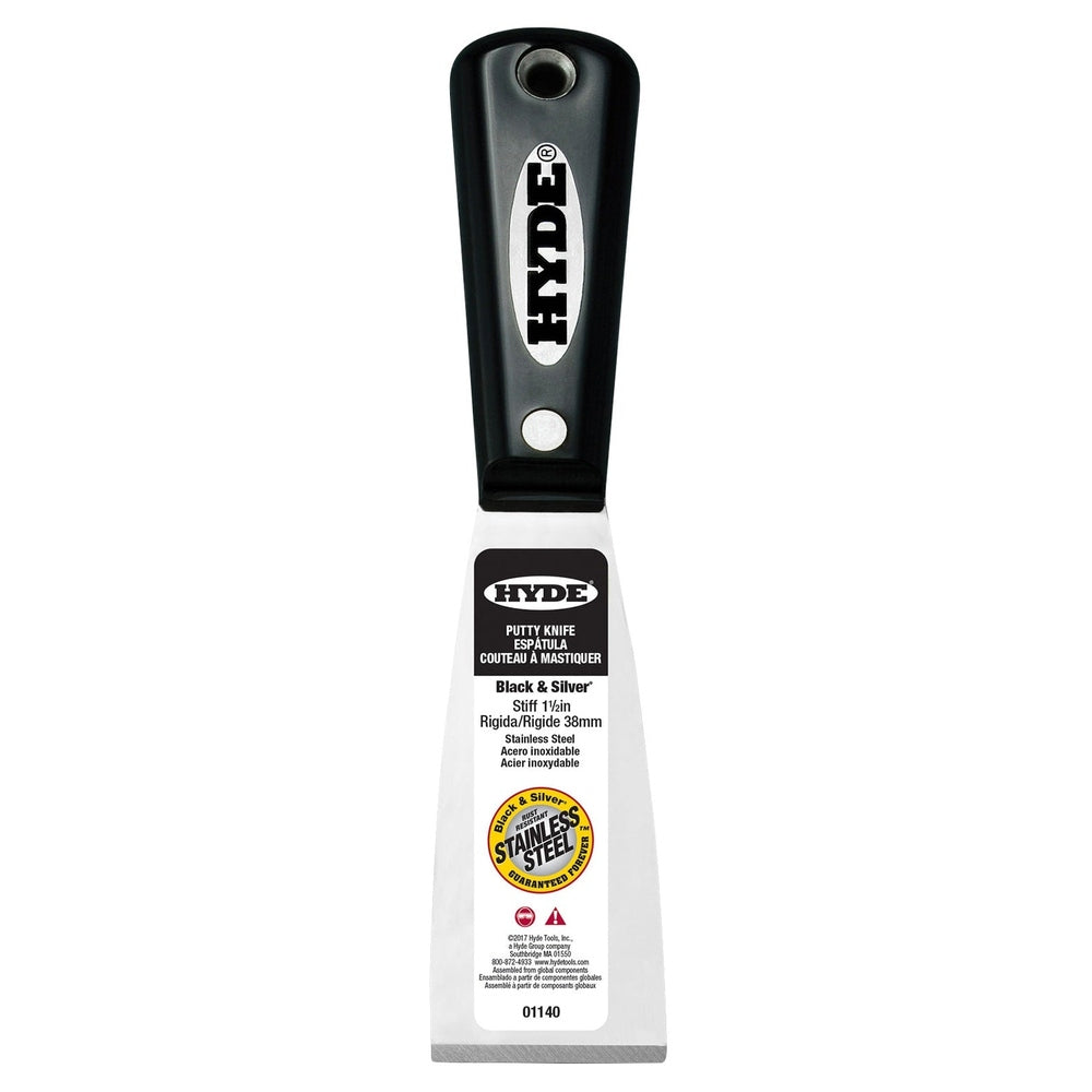 Hyde Tools 01140 1-½" Stiff Black & Silver Stainless Steel Chisel Edge Putty Knife