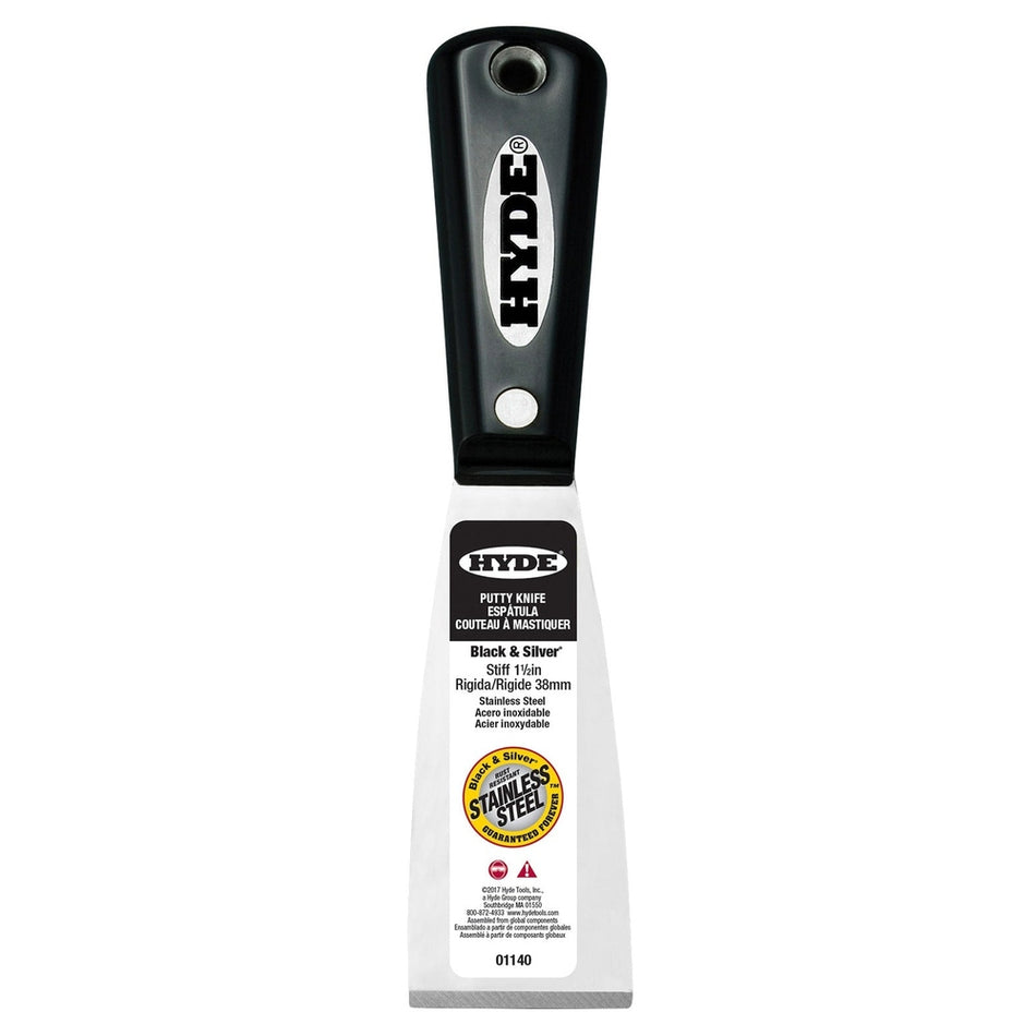 Hyde Tools 01140 1-½" Stiff Black & Silver Stainless Steel Chisel Edge Putty Knife