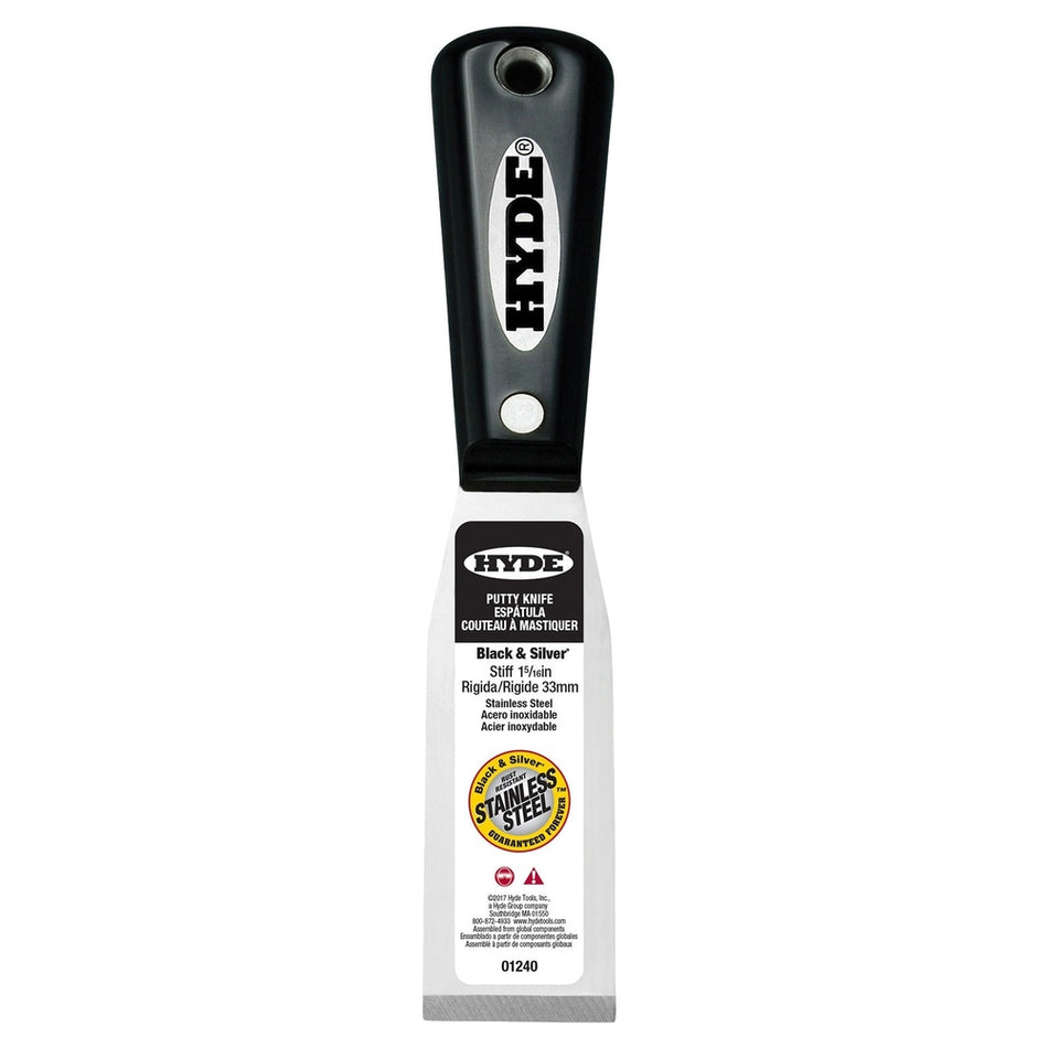 Hyde Tools 01240 1-5/16" Stiff Black & Silver Stainless Steel Chisel Putty Knife
