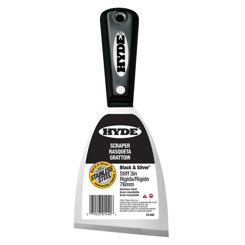 Hyde Tools 01440 3" Stiff Black & Silver Stainless Steel Chisel Scraper