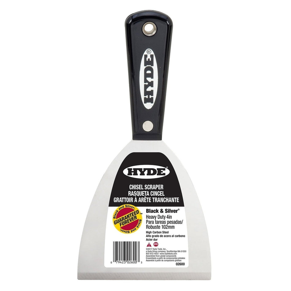 Hyde Tools 02600 4" Extra Heavy-Duty Stiff Black & Silver Chisel Scraper